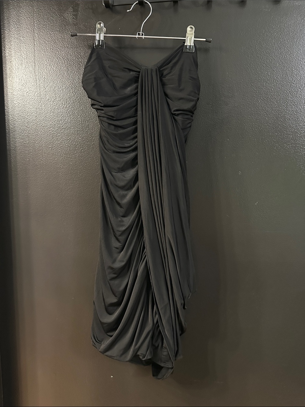 bebe Black Strapless Ruched Draped Mini Dress